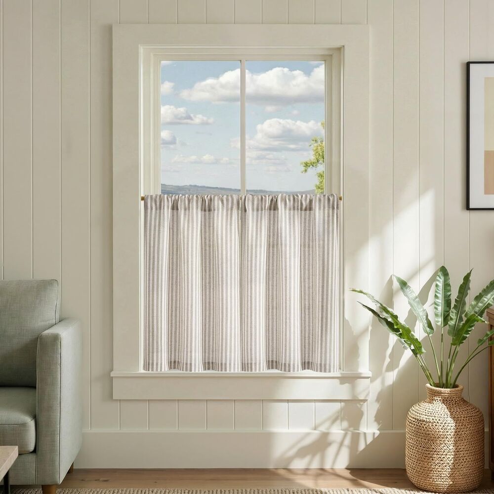 Light Gray Striped Cafe Curtain - Neutral Window Tier